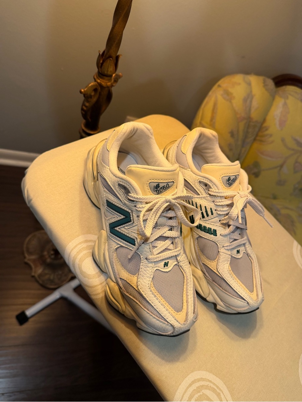 New Balance women’s 9060 Cream and green Athletic Sneakers